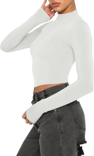 Miniatura 2 de REORIA Camisetas ajustadas de manga larga con cuello alto falso para mujer
