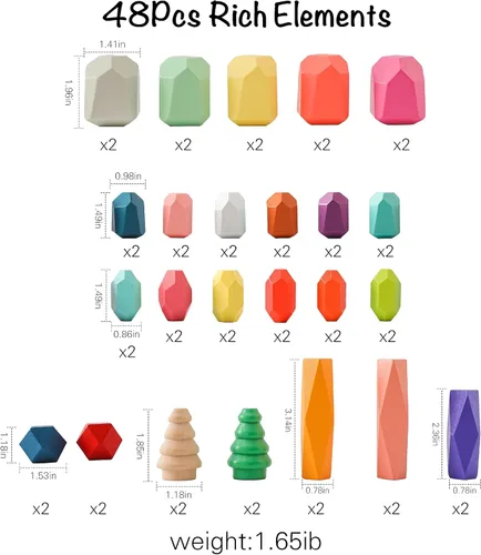 Miniatura 6 de OESSUF 48 piezas de bloques apilables, piedras apilables de equilibrio, juguetes de construcción de madera, juego de apilamiento de piedra de madera