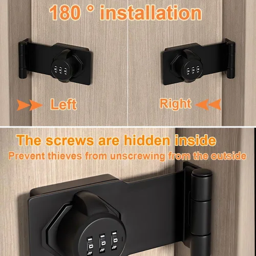 Miniatura 8 de Cerradura y pestillos para puerta corrediza de granero de 90 grados – Cerraduras rotativas con contraseña de gabinete para armario, cobertizo, Negro