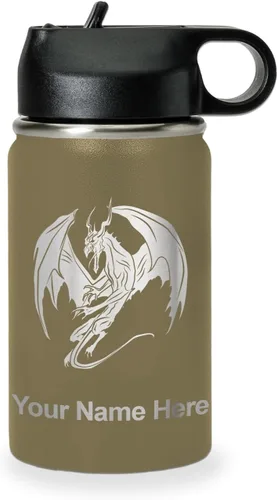 Miniatura 25 de LaserGram Botella de agua con tapa abatible de doble pared de 12 onzas con pajilla, dragón, grabado personalizado incluido (negro)