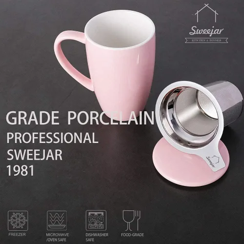 Miniatura 3 de Sweejar Taza de té de porcelana con infusor y tapa, tetera con filtro, máquina de té para hojas sueltas, 16 onzas líquidas para té, café, leche, Rosa