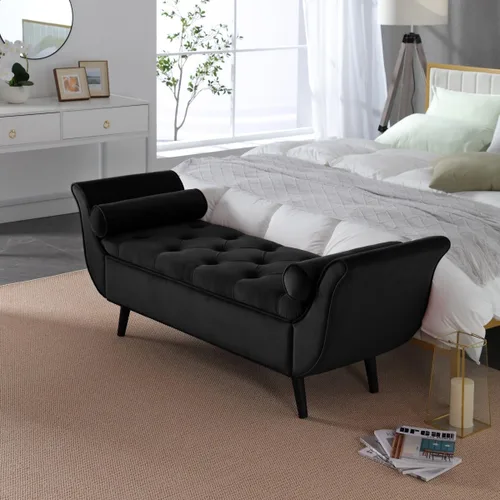 Banco de almacenamiento de terciopelo para dormitorio, extremo de la cama con 2 almohadas, banco otomano tapizado con botones copetudos, reposapiés,