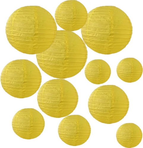 12 linternas de papel amarillas de 6, 8, 10 y 12 pulgadas, de tamaños mixtos, decorativas, chinas, japonesas, colgantes, redondas, lámparas de papel