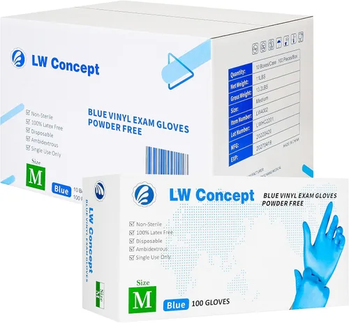 LW Concept Guantes de examen de vinilo azul para uso médico/seguro para alimentos/limpieza/manipulación, multiusos, sin látex y polvo, 4.5 mil