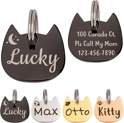 Etiquetas de identificación para mascotas Anavia en forma de cabeza de gato y pez, etiqueta de nombre de gato personalizada con diseño de icono