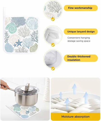 Miniatura 2 de Soportes para ollas de cocina, color azul y verde azulado, con aislamiento térmico, diseño de estrellas de mar y playa de verano, modernas