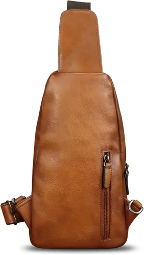 Miniatura 3 de IVTG Bolso bandolera de cuero genuino para hombres y mujeres, mochila vintage para el pecho, bolso cruzado para viajes y ciclismo, Marrón, Mediana