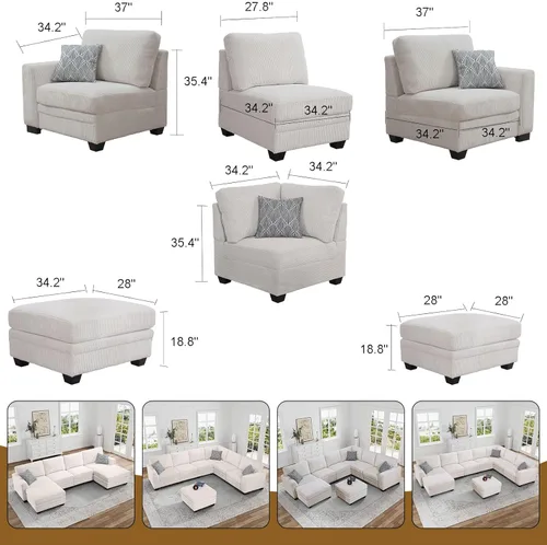 Miniatura 4 de Legend Vansen Sofá Seccional Modular de Gran Tamaño, Sofá en Forma de U de 7 Asientos con Otomana, Sofá de Pana con Asiento Profundo, Sofás Crema