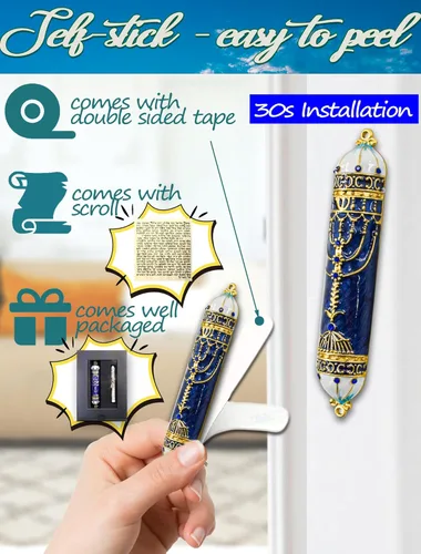 Miniatura 2 de Mezuzá de Diseño de Esmalte Exquisito con Pergamino, Fácil Instalación Usa Cinta de Doble Cara, Mezuzá Azul Real para Puerta con Acento de Diamante