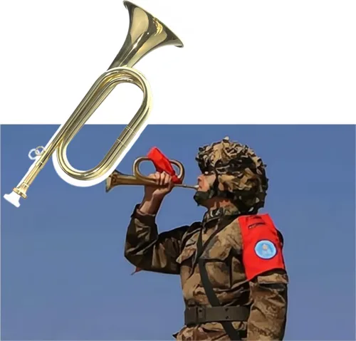 Miniatura 5 de CashBeat - Cuerno de corneta de latón chapado en oro, trompeta de caballería con bolsa y guantes Brass Instrument for Military Orchestra and