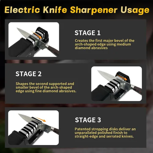 Miniatura 5 de Afilador de cuchillos eléctrico para cocina, sistema profesional de 3 etapas 100% diamante con ángulo de precisión de 20°, afilado rápido para Negro