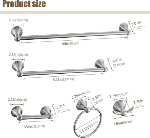 Miniatura 7 de Sagetta Juego de accesorios de baño de níquel, juego de accesorios de baño de 5 piezas, soporte de pared, incluye barra de toalla de 20 pulgadas
