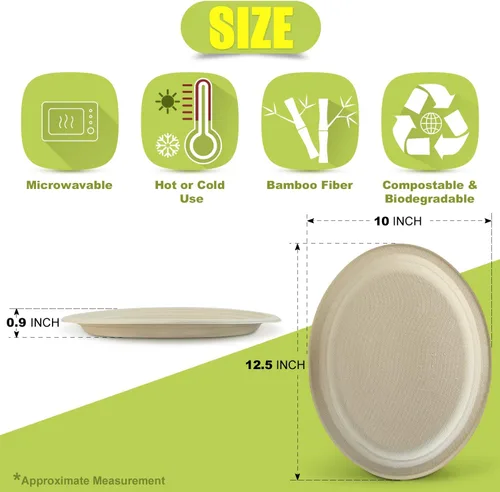 Miniatura 6 de Green Earth, Platos compostables de 12 pulgadas, 125 unidades, fibras de bambú naturales, vajilla diaria – Biodegradable, desechable, forma ovalada