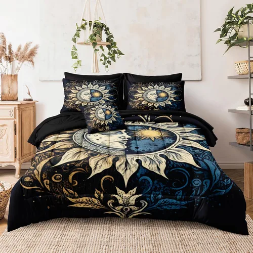 Miniatura 3 de Juego de edredón de sol y luna negro, juego de ropa de cama boho, ropa de cama de galaxia celestial y espacio estrellado, edredón mandala exótico