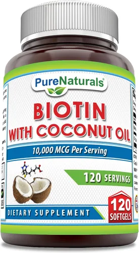 Pure Naturals Biotin 10000 Mcg con aceite de coco orgánico extra virgen, 120 cápsulas blandas, sin OMG, sin gluten, fabricado en Estados Unidos