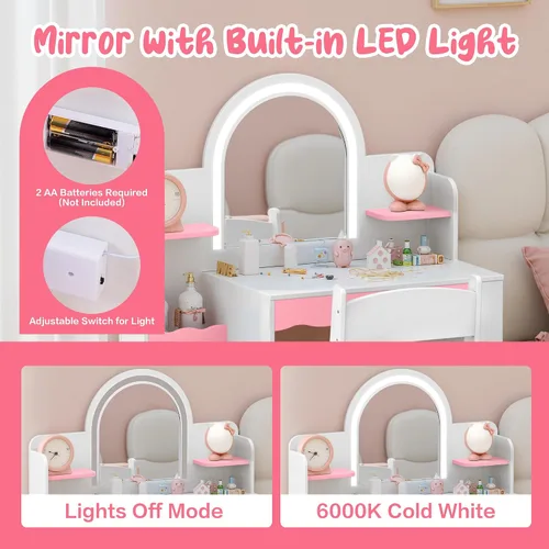 Miniatura 3 de Juego de tocador para niños con luces y sillas, mesa de tocador de princesa para niñas, tocador de maquillaje para niños pequeños con espejo LED