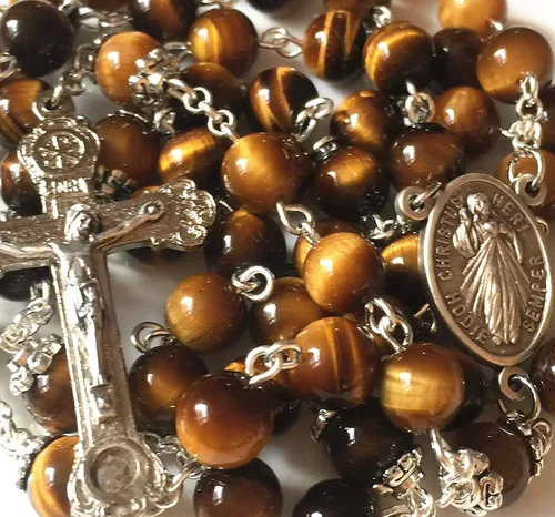 Miniatura 3 de elegantmedical HECHO A MANO Ojo De Tigre Rosario Cuentas Italia Cruz Cruz CRUCIFIJO CATÓLICO COLLAR CAJA DE REGALO, Metal