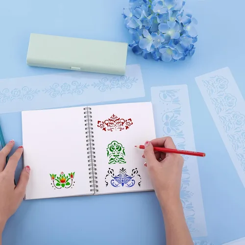 Miniatura 3 de Prasacco Plantillas de borde de flores de 8 piezas, plantillas de mandala ornamentadas para pintar sobre madera, lienzo, papel, tela, pastel, pared