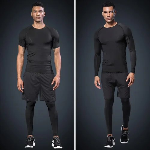 Miniatura 2 de JULY'S SONG Conjunto de entrenamiento de compresión para hombre, 5 piezas, secado rápido, pantalones cortos, mallas, chaqueta para gimnasio