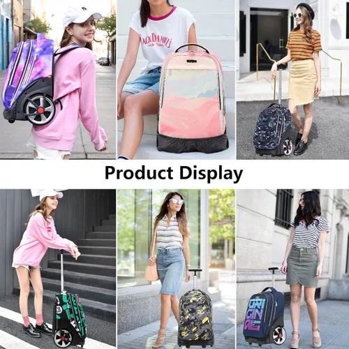 Miniatura 9 de NEW TILAMI Mochila con ruedas de 19 pulgadas con bolsa de almuerzo para niñas y niños, mochila para laptop con ruedas, bolsa de mano duradera