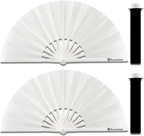 Miniatura 9 de Paquete de 2 abanicos de mano plegables grandes, ventilador de mano de bambú, abanico de boda, marco de bambú grueso y suave para decoración