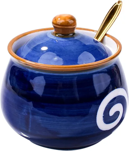 Miniatura 8 de Azucarero de cerámica con tapa y cuchara, recipiente de azúcar floral pintado a mano de 10.8 onzas para cocina, tarro de especias de porcelana HH