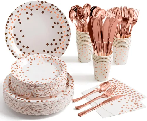 HOMIX 350 platos y servilletas de oro rosa para fiestas, sirve 50 platos de papel desechables, servilletas, vasos, cubiertos para decoraciones de