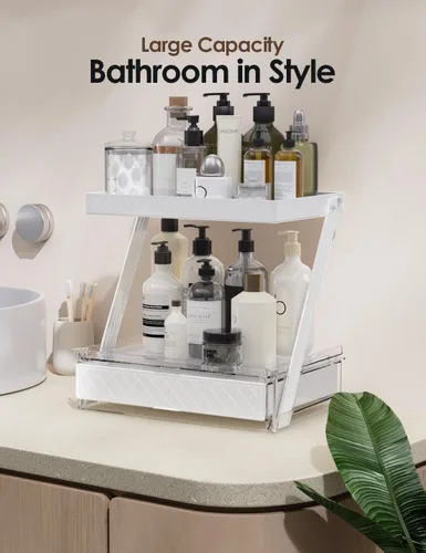 Miniatura 8 de Organizador de encimera de baño de 2 niveles, organizador de tocador en forma de Z con bandeja deslizante y cajón, organizador de almacenamiento