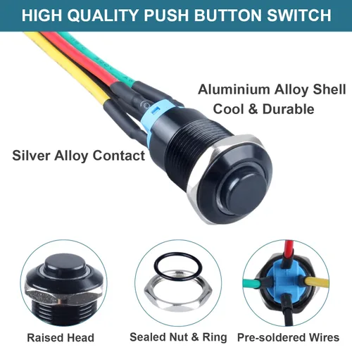 Miniatura 3 de 2 interruptores de botón con pestillo de 0.472 in con cable pre-soldado de 5.9 in 1NO 12V-24V ON-Off para orificio de montaje de 1/2 pulgada, anillo