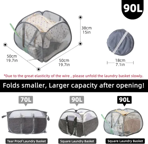 Miniatura 2 de Cesta plegable para la ropa sucia, 90 L, plegable, con asas, cesta cuadrada de malla para ropa sucia, para lavandería, baño, habitación de los Gris