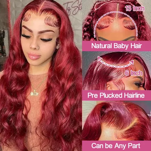 Miniatura 2 de Smabuity Pelucas de cabello humano con encaje frontal color borgoña 99J, peluca de cabello humano rojo burdeos, pelucas de encaje frontal HD de 13 x