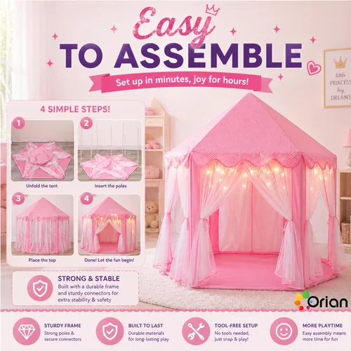 Miniatura 6 de ORIAN Tienda de campaña Princess Castle Playhouse para niñas con luces LED de estrella – Para interiores y exteriores, tienda de campaña grande
