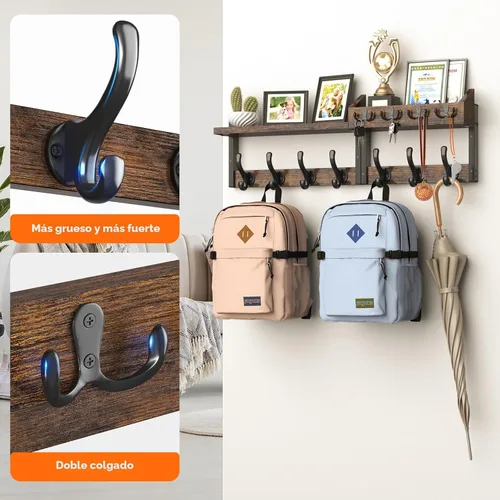 Miniatura 6 de Evermagin Perchero de Pared de 29" con Estante, Perchero y Colgador de Llaves 4 en 1 con 11 Ganchos de Metal, Estante de Entrada Montado en la Pared