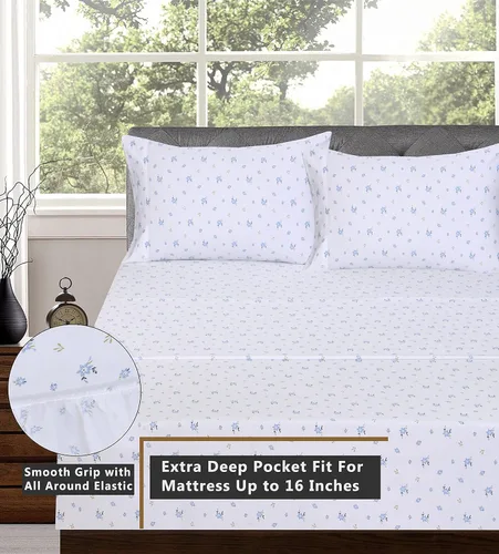 Miniatura 5 de Ruvanti - Juego de sábanas de 100 % algodón, juego de 4 piezas de cama, diseño floral, color azul, ropa de cama tamaño King, tela suave, Phulkari