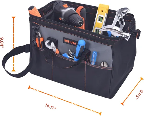 Miniatura 5 de MEIJIA Bolsa de herramientas portátil impermeable, boca ancha abierta, múltiples bolsillos interiores para almacenamiento de herramientas con correa