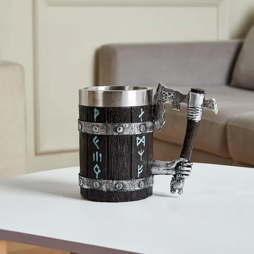 Miniatura 7 de Taza vikinga con mango de hacha, jarra de cerveza de madera de roble nórdico con inserto de acero inoxidable de 17 onzas, jarra de mitología Mango