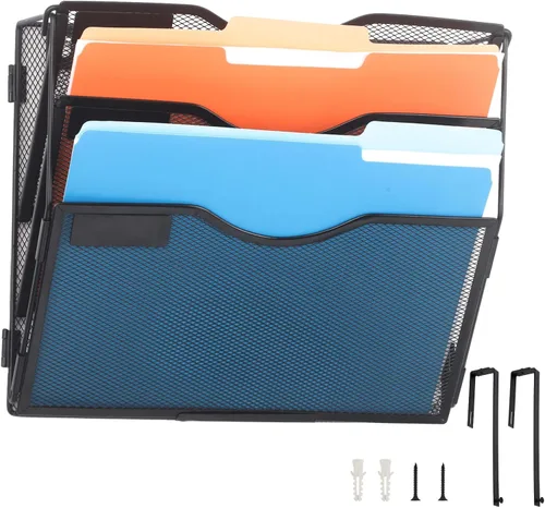 Miniatura 20 de EASEPRES Organizador de archivos de malla de 3 bolsillos para colgar en la pared, carpeta de papel para correo montada en la pared, organizador