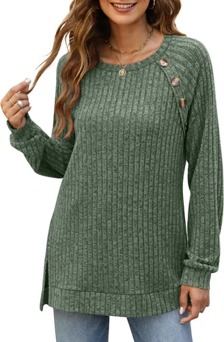 Miniatura 4 de Bofell Camisas de manga larga para mujer, cuello redondo, estilo casual, con botones, con abertura lateral
