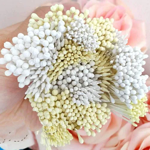 Miniatura 7 de KALAIEN Estambres de flores, 16 paquetes, 1120 piezas de cabezas dobles hechas a mano, flores y estambres de polen de 2.4-2.6 pulgadas, pequeño