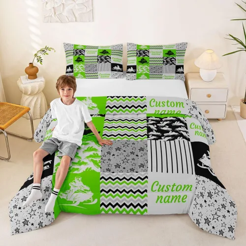 Miniatura 29 de Juego de edredón de softbol personalizado, juego de ropa de cama de retazos a cuadros para niños y niños, edredón de bate de béisbol, juego