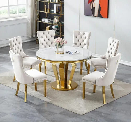 Henf Juego de mesa de comedor redonda de mármol para 6, moderna mesa de comedor de 45 pulgadas con base de acero inoxidable con diseño de diamante y