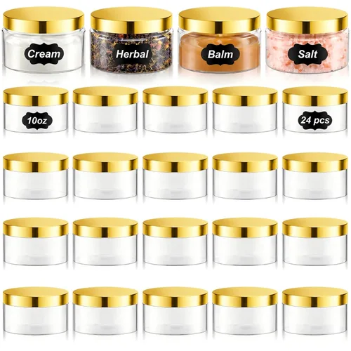 Miniatura 44 de Dandat 24 piezas 8 oz tarro de plástico con tapa y etiqueta recargable, contenedor redondo transparente vacío con muestras cosméticas PET blancas