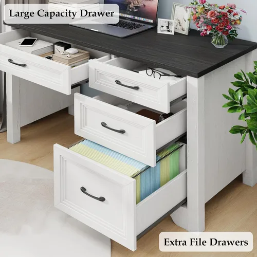 Miniatura 5 de Halitaa Escritorio ejecutivo de granja con cajones, escritorio de madera para computadora con amplio cajón de archivos, escritorio rústico