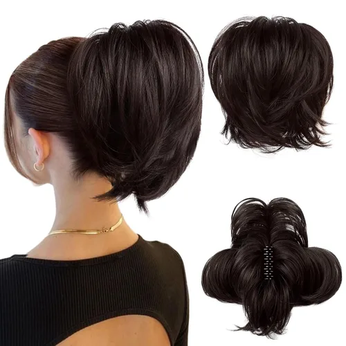 HOOJIH Extensión de cola de caballo, Pinza de garra en moño de cabello liso, moño despeinado de 9 pulgadas, extensión de cola de caballo corta con