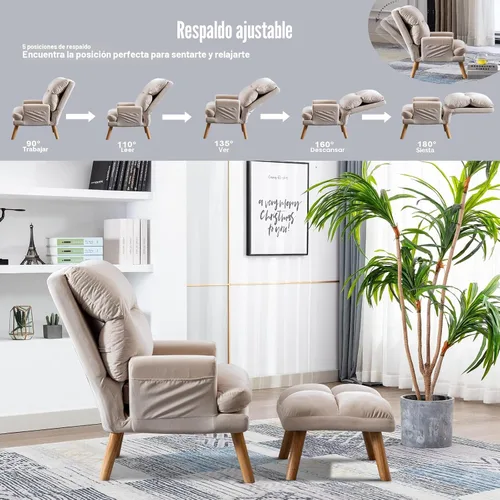 Miniatura 3 de CANMOV Silla decorativa moderna con otomana, sillón de tela suave con respaldo ajustable y bolsillos laterales, cómoda silla de descanso para sala