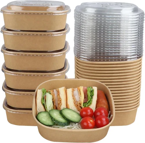 Miniatura 8 de Cuencos desechables de papel kraft de 17 onzas con tapas, recipientes de alimentos, cuencos de sopa, suministros de fiesta, cuencos de golosinas