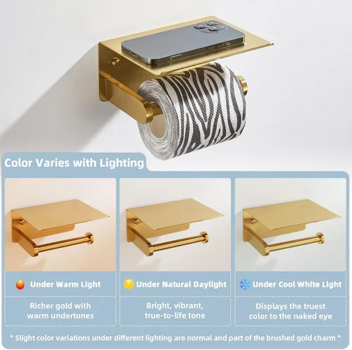 Miniatura 3 de APLusee Soporte de papel higiénico dorado cepillado con estante, colgador de papel higiénico compacto montado en la pared de acero inoxidable 304