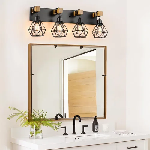 Miniatura 2 de Lámparas blancas para tocador de baño, luminarias de baño de madera de 2 luces sobre el espejo, apliques rústicos de pared con elegante pantalla