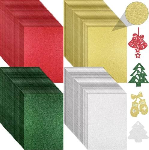 Yeaqee 100 hojas de papel de cartulina con purpurina de Navidad, papel de regalo metálico de 8.5 x 11 pulgadas, cartulina pesada de 8.82 oz/m² para