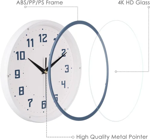Miniatura 3 de Topkey Reloj de pared redondo silencioso para cocina, estilo moderno, sin tictac, decorativo, dormitorio, oficina, estudio, cocina, reloj de pared